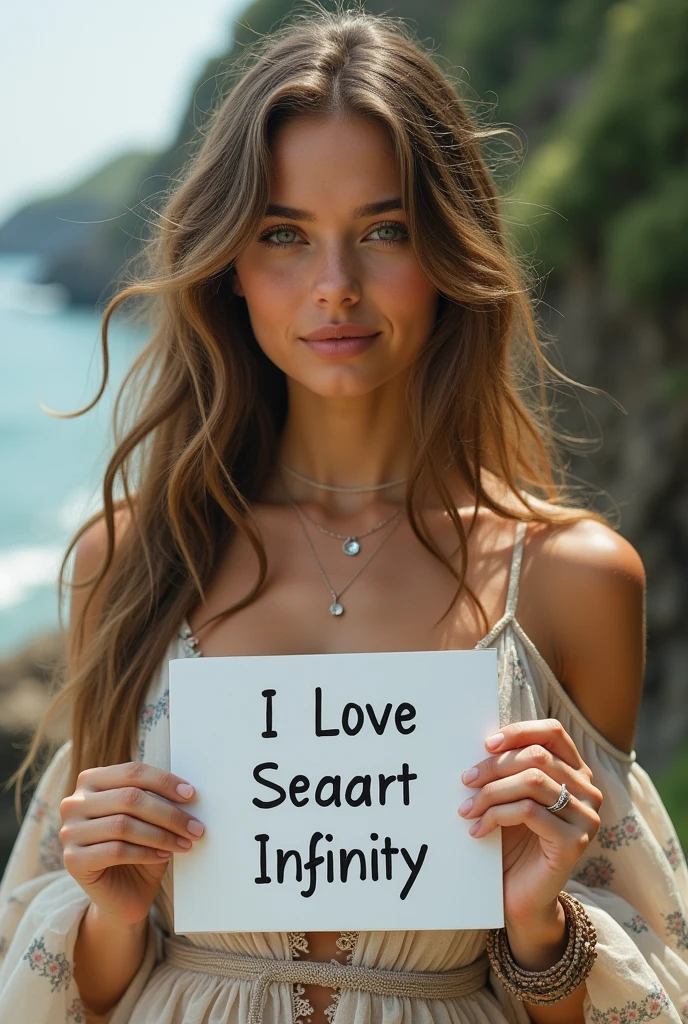 Beautiful girl with wavy long hair, bohemian dress, holding a white board with text "I Love Seaart Infinity" and showing it to the viewer