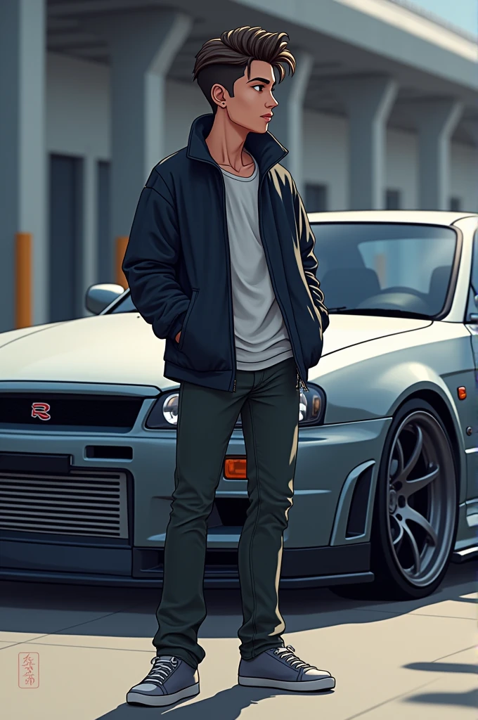 Animation of a cool guy with a Skyline R34 car behind him