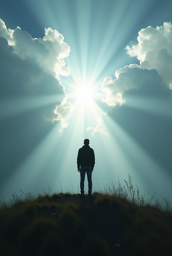 A man stands on a hill from afar and looks at the cloudy sky that breaks through a ray of light. The perspective on a person comes from afar, he is very far from us