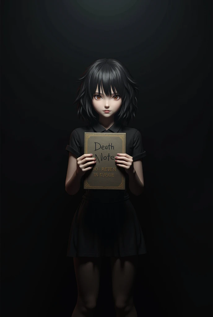 I want a 3d drawing of Misa Aname from Dead Note with curly hair and bangs, dark hair and brown eyes, with the Dead Note notebook in his hand and the girl is dressed in a black dress and black tights on her arms , on a dark background
