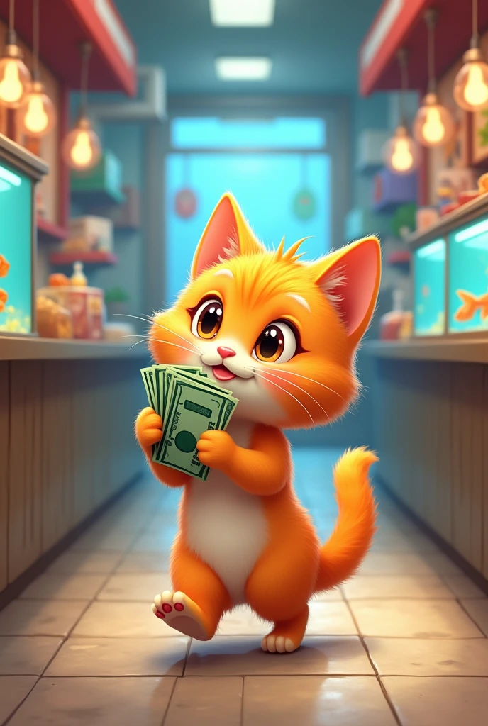 Orange kitten smiling holding money walking in the fish shop (background inside of fish shop) 