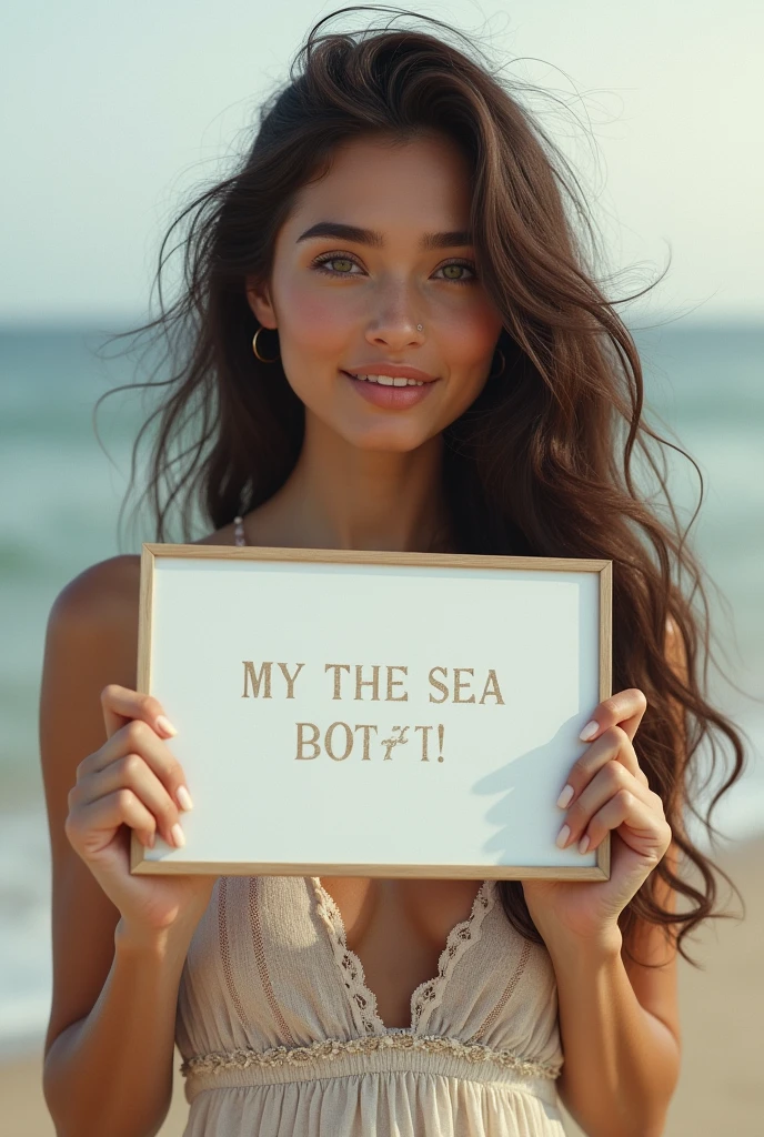 Beautiful girl with wavy long hair, bohemian dress, holding a white board with text "I Love Seaart Infinity" and showing it to the viewer