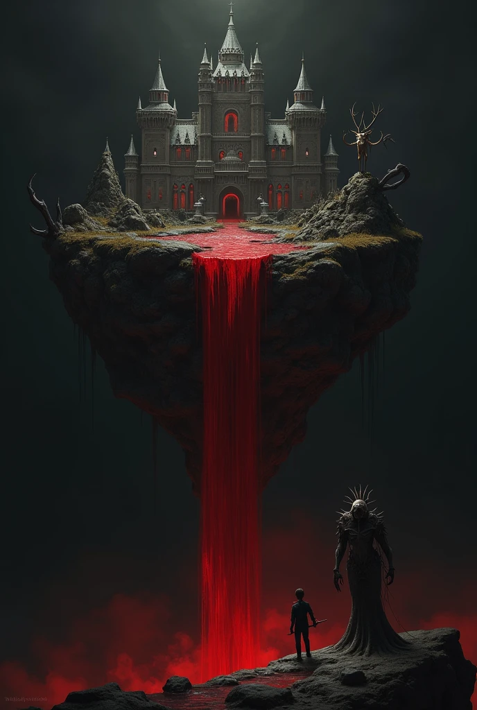 Black background with an island in the sky with a kingdom and a waterfall of blood and a person below and a boy with weapons and a humanoid spirit with a deer skull on his side
