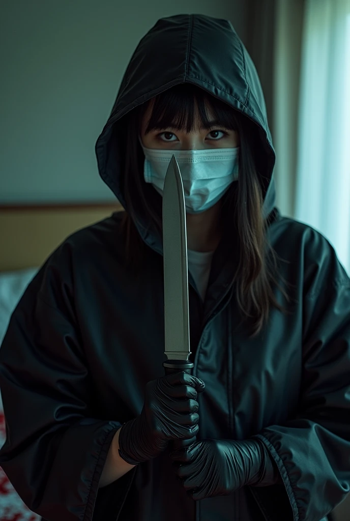 korean girl, (behind corpse, surgical mask), holding knife, stabbing, black gloves, room full of blood, black raincoat, plump, hood up, holding knife, black gloves, behind corpse, blood splatter, bondage, long bangs, bed room, black wet suit, night, mass murderer, killer, robbery, dark atmosphere, cinematic lighting, atmospheric realistic, light from the window close-up,