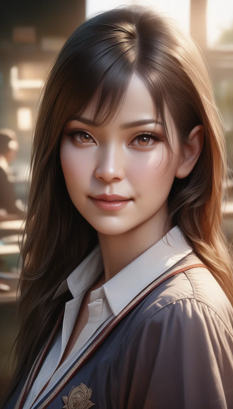 A beautiful girl in a Thai school uniform, standing with a light smile, looking directly at the viewer, (best quality,4k,8k,highres,masterpiece:1.2),ultra-detailed,(realistic,photorealistic,photo-realistic:1.37),detailed eyes,detailed lips,extremely detailed face,longeyelashes,school girl uniform,smiling,looking at camera,beautiful facial features,warm lighting,natural colors,detailed background,cinematic composition
