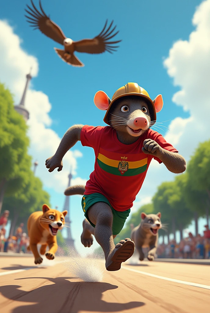 An animated armadillo athlete with a crimson red shirt running in Paris 2024 with an old brown miner's helmet and his third Bolivian flag (Red color, yellow and green horizontally)
A puma chasing from behind An Andean condor in the air The orientation of the colors of the t-shirt upside down : First red, then yellow, then green Faster The closest Andean condor