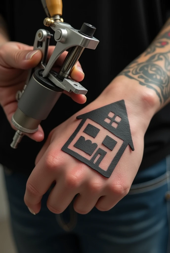 Image of a house logo with a peso sign and a tattoo machine taken with a hand
