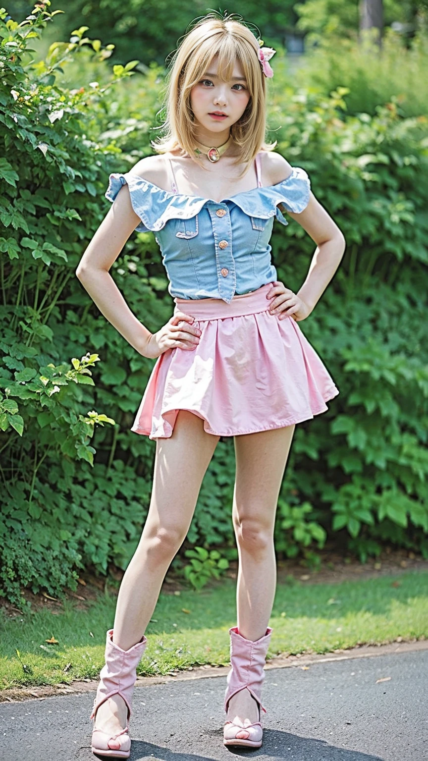 (8k、RAW Photos、Highest quality、masterpiece:1.2)、(Realistic、Realistic)、1 girl、((Blonde、Breast enlargement、garden、Pink and light blue、Frills、mini skirt、Thin legs、whole body、boots、View from the front、Looking into the camera、Stand with hands on hips))、cute
