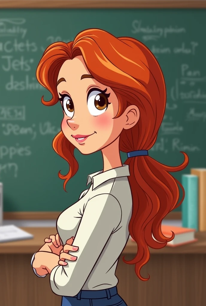 red haired teacher cartoon, long, Wavy, combed back, Brown eyes, Thinking