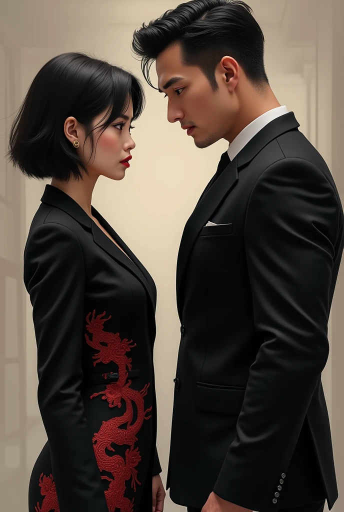 Create an image of a woman facing a man. The woman has Asian features and is well-groomed., wearing a black suit dress with red designs, like dragons and roses. She has short black hair and a dark look in her eyes.. The man is in a black suit. He's taller than her, his features are strong and he is not Asian, he is French with black hair, rebels and scouts