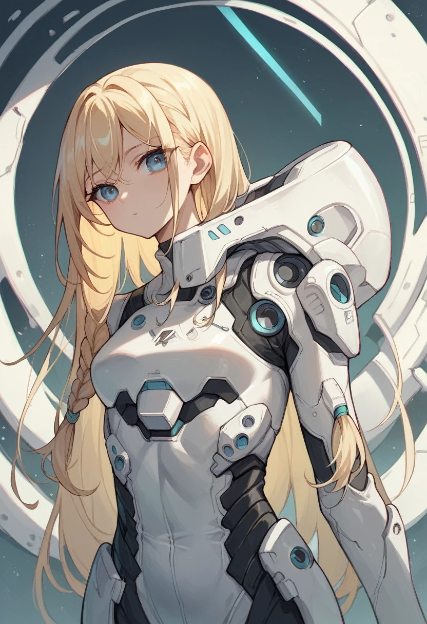 Slim blonde girl,Long hair, Two braided bangs in the front, blue eyes,white futuristic suit with green and blue, young ,full body image, 2 side view,front and back of the girl, character design illustration.