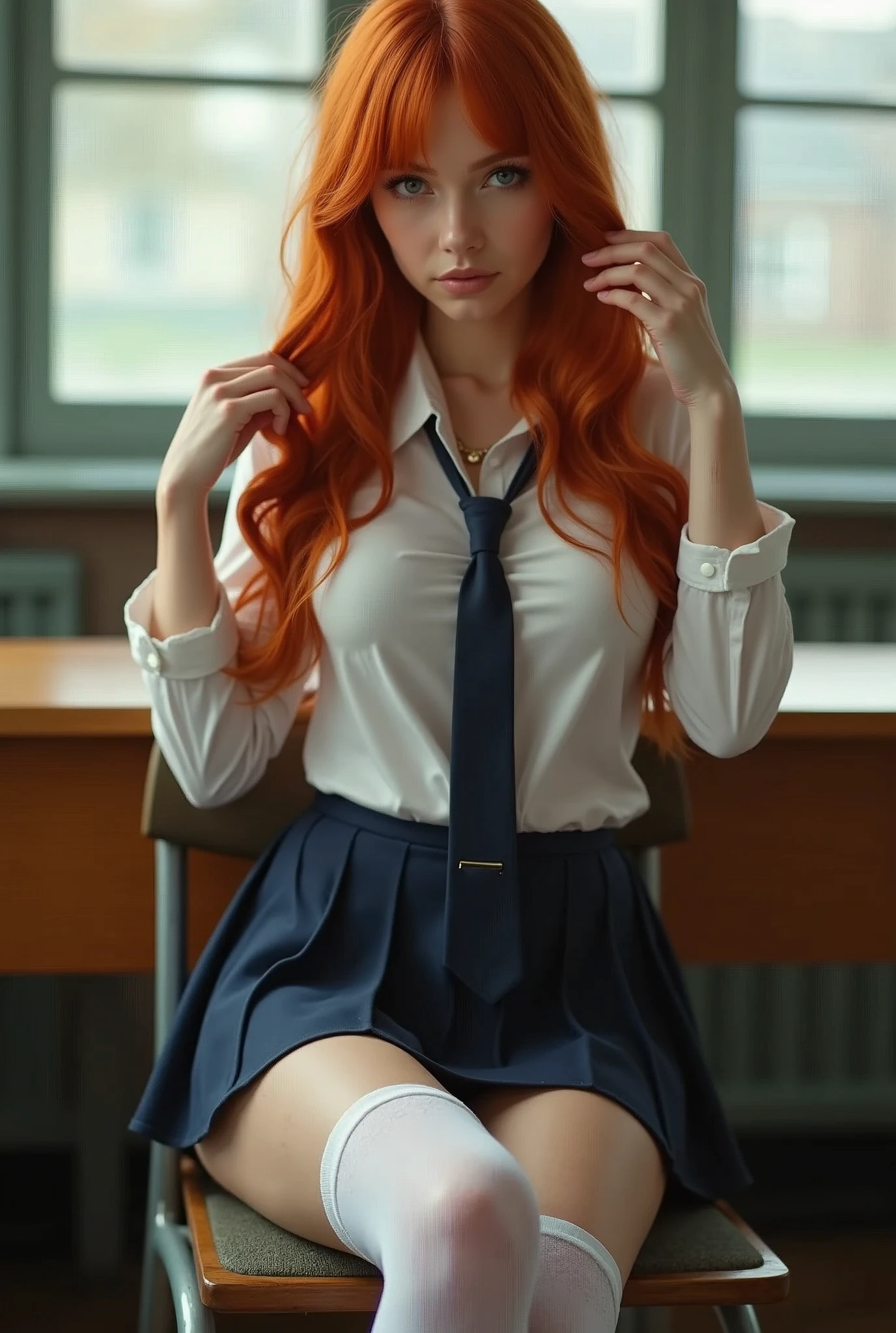 ultra realistic, fot, long redhead hair, Irish, 24 years old, hourglass figure, perfectbody, breasts small, seducing gaze, blur the background, wearing a schoolgirl outfit (open blouse with neckline, overskirt, white opaque thigh highs, a tie), sitting in classroom, sitting in a chair behind his desk, looking seductively, playing with a lock of hair, she has her legs crossed,
