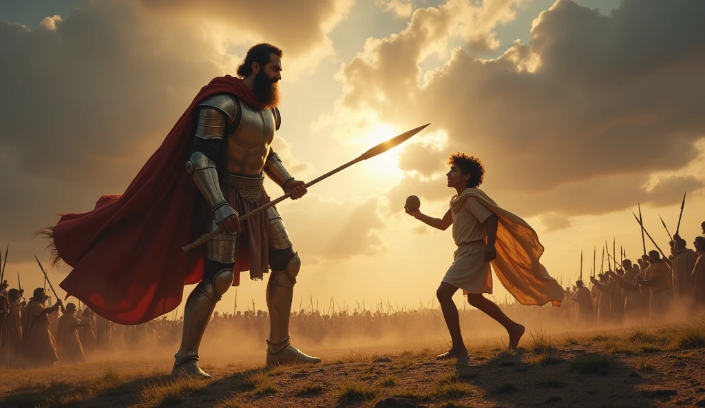 Imagine uma cena épica e intensa que captura o momento crucial da luta entre Davi e goliath. En el centro de la imagen, Davi, a young shepherd, is in a position of attack, throwing a stone. Your gaze is determined and full of courage, and he is dressed in simple shepherd's clothes, with a cloak that flutters lightly in the wind. Ao fundo, we can see a vast battlefield, with a crowd of Israelites and Philistines watching in anticipation.
In front of you, goliath, an imposing giant, rises like a mountain of strength. He is depicted in shining armor, holding a huge spear, that looks almost disproportionate in your hands. Your face is a mask of contempt, as he laughs disdainfully at his opponent. A expressão de Davi contrasta com a de goliath, showing not only the bravery of the young man, but also confidence in your faith.
Ao fundo, The sky is laden with dark clouds, creating an atmosphere of tension and drama, as rays of light illuminate the figure of David, symbolizing your inner strength. The surrounding terrain is rugged, with stones and grass, where the marks of the previous battle are still visible. This image should capture the essence of the struggle between good and evil., courage in the face of adversity, and the faith that can move mountains.
