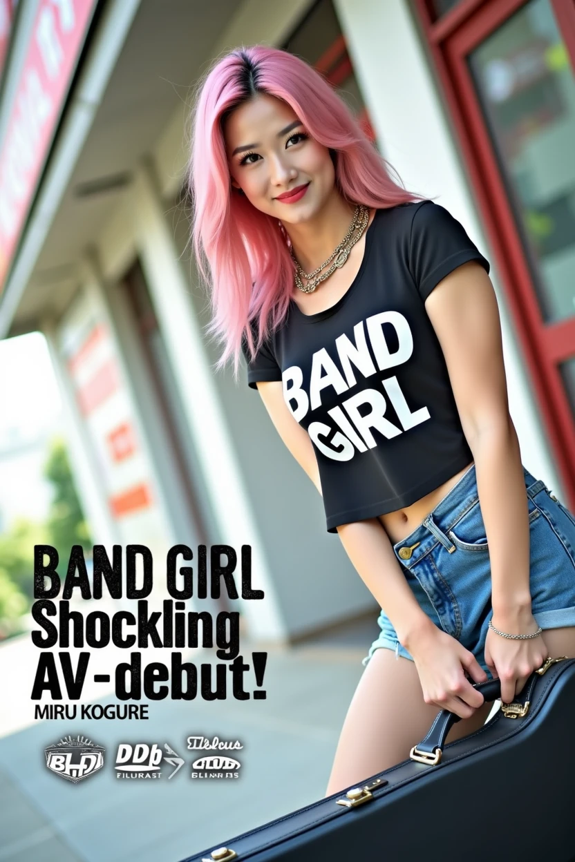 ((((Woman's ridiculously large breasts change, slender curves, big , big breasts, big , super beautiful woman, whip-smacking body)))), adult video poster layout, text on screen: "BAND GIRL Shocking AV debut!! ★ MIRU KOGURE ",(((Japanese woman with large black guitar case)))), 26 year old adult woman wearing black crew neck top with large English letters on her chest and short blue jeans posing for a photo shoot, big breasted female porn actor, dynamic pose, rock music magazine model pose,. Japanese female fashion model, (((very bright pink hair))), happy expression, thick chain accessories on neck and arms, (((in front of Asakusa strip theater))), pure beautiful smile, intelligent face, slender curves, large breasts, wearing black t-shirt, small leather jacket Wearing black T-shirt, very small leather jacket, denim shorts, (((extreme low angle))), null, Bill, holding black guitar case with guitar strap, (((DVD mark, Blu-ray mark))).