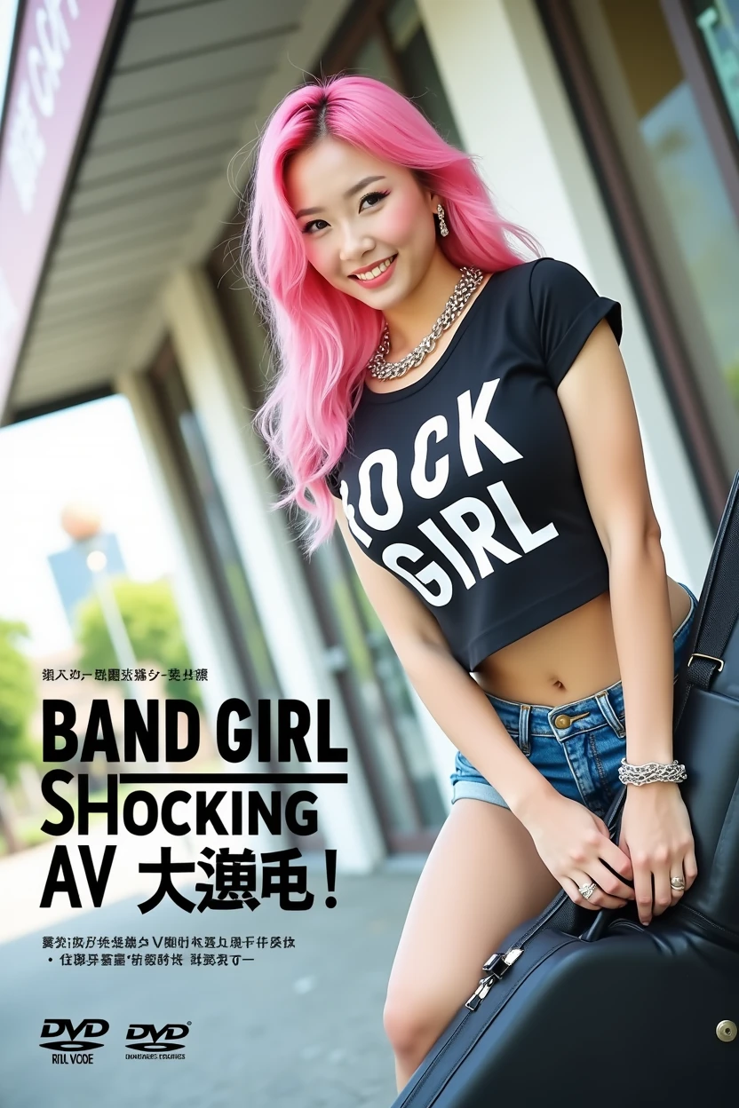 ((((Woman's ridiculously large breasts change, slender curves, big , big breasts, big , super beautiful woman, whip-smacking body)))), adult video poster layout, text on screen: "BAND GIRL Shocking AV debut!! ★  MIRU KOGURE   ",(((Japanese woman with large black guitar case)))), 26 year old adult woman wearing black crew neck top with large English letters on her chest and short blue jeans posing for a photo shoot, big breasted female porn actor, dynamic pose, rock music magazine model pose,. Japanese female fashion model, (((very bright pink hair))), happy expression, thick chain accessories on neck and arms, (((in front of Asakusa strip theater))), pure beautiful smile, intelligent face, slender curves, large breasts, wearing black t-shirt, small leather jacket Wearing black T-shirt, very small leather jacket, denim shorts, (((extreme low angle))), null, Bill, holding black guitar case with guitar strap, (((DVD mark, Blu-ray mark))).