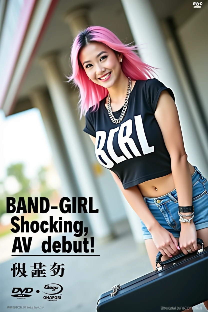 ((((Woman's ridiculously large breasts change, slender curves, big , big breasts, big , super beautiful woman, whip-smacking body)))), adult video poster layout, text on screen: "BAND GIRL Shocking AV debut!! ★ MIRU KOGURE ",(((Japanese woman with large black guitar case)))), 26 year old adult woman wearing black crew neck top with large English letters on her chest and short blue jeans posing for a photo shoot, big breasted female porn actor, dynamic pose, rock music magazine model pose,. Japanese female fashion model, (((very bright pink hair))), happy expression, thick chain accessories on neck and arms, (((in front of Asakusa strip theater))), pure beautiful smile, intelligent face, slender curves, large breasts, wearing black t-shirt, small leather jacket Wearing black T-shirt, very small leather jacket, denim shorts, (((extreme low angle))), null, Bill, holding black guitar case with guitar strap, (((DVD mark, Blu-ray mark))).