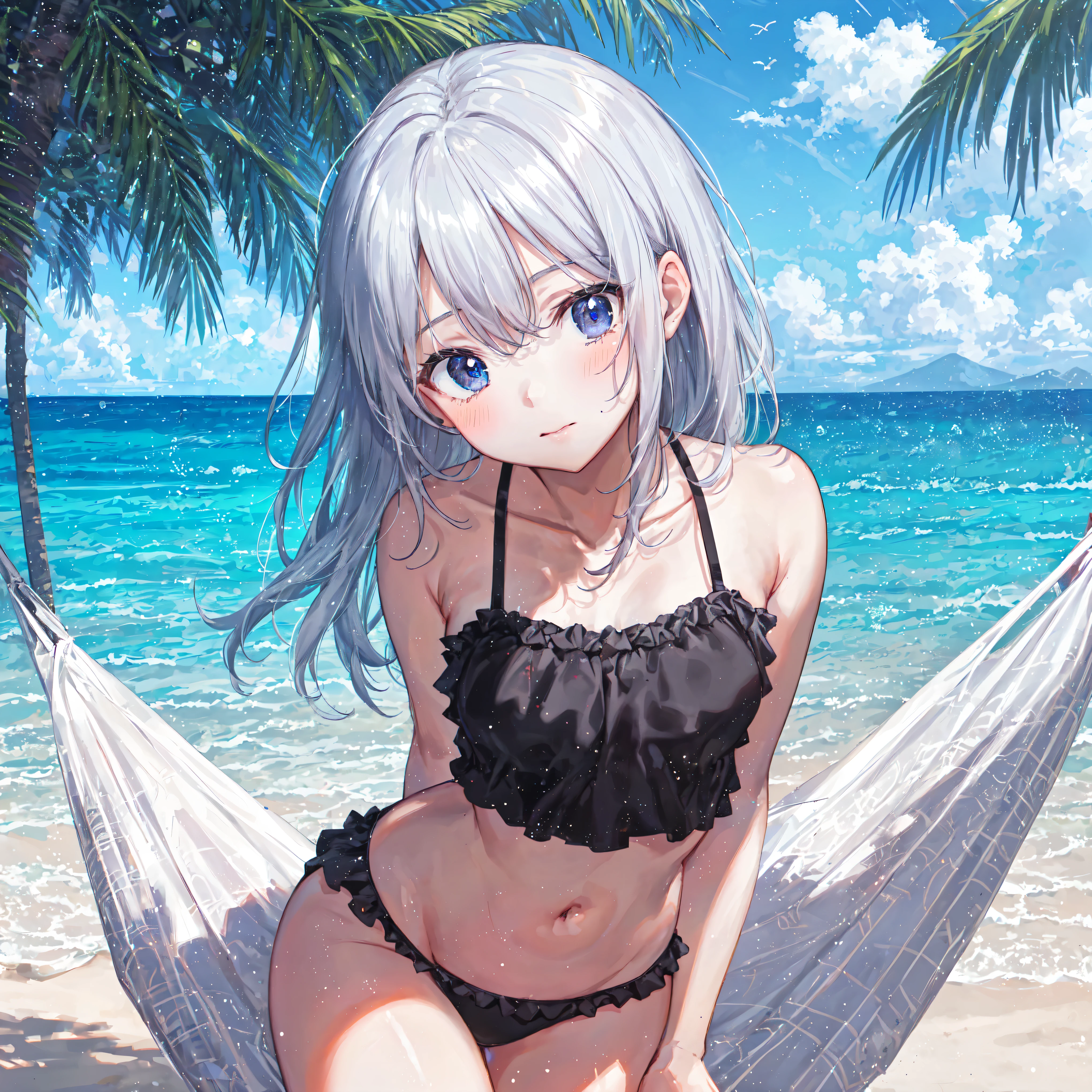 Very detailed, Ultra-high resolution,masterpiece, Highest quality,pastel colour,pretty girl,Small face,blush,Palm Tree Shade,hammock,Mouth closed,Front-facing,look away,Arms back,Push out your hips,Gazing into the distance,My chest is crushed,Black and white frilly swimsuit,peace,Photoreal 1;4,Wet hair Silver hair, {{Beautiful medium sized breasts 1:4}},Highest quality,pretty girl,High Quality Backgrounds, Slanted Eyes, Detail of wrinkles on shirt chest,break, {{Beautiful blue eyes 1:4}}, break, Five Fingers