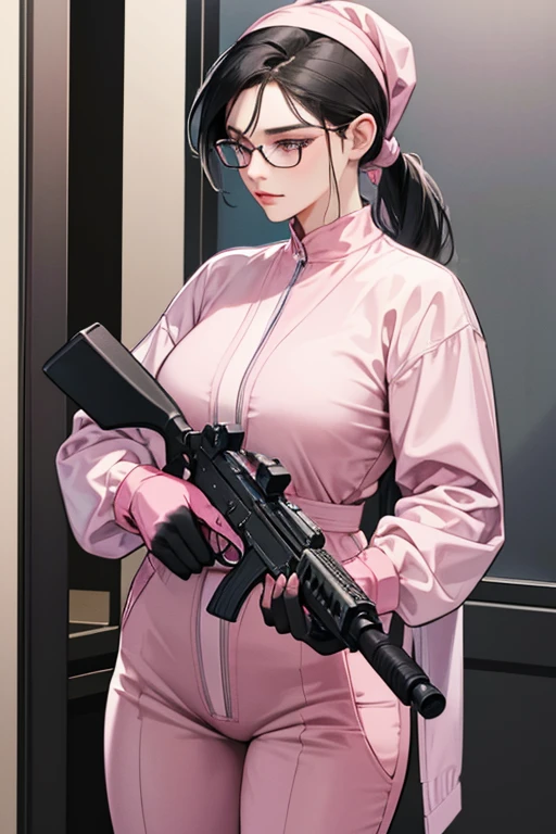 A mature woman with glasses and black hair tied up in a ponytail is wearing large pink rubber gloves, a white cloth wrapped around her head, a blue long-sleeved jumpsuit, and a submachine gun in the bathroom.