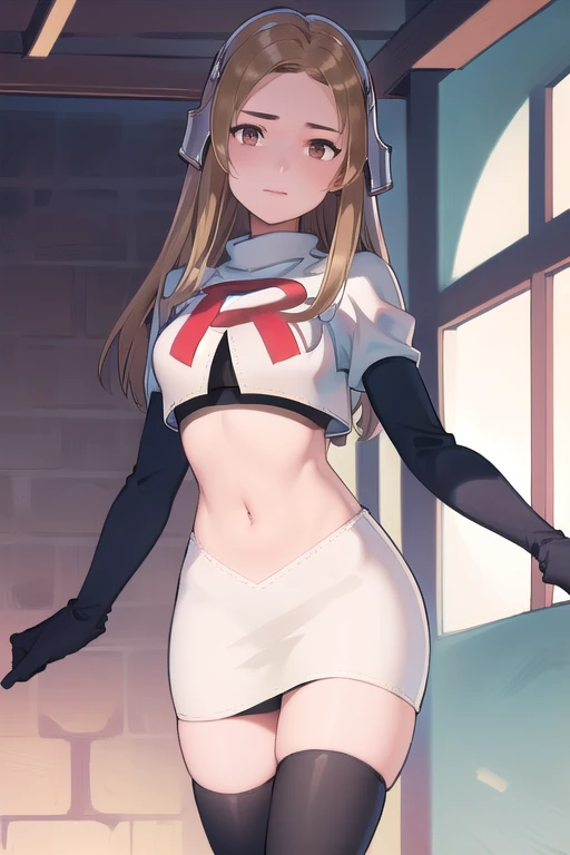 masterpiece, best quality, mathilda, brown eyes,helmet,  looking at viewer, team rocket,team rocket uniform,white skirt,red letter R,crop top,black thigh-highs,black elbow gloves