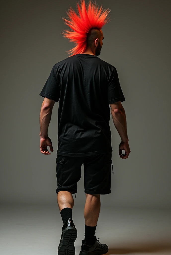 Mohawk hair iron fist black shirt black shorts black shoes