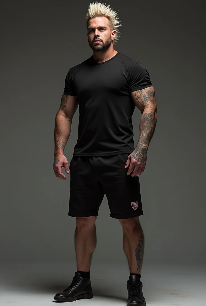 Mohawk hair iron fist black shirt black shorts black shoes 