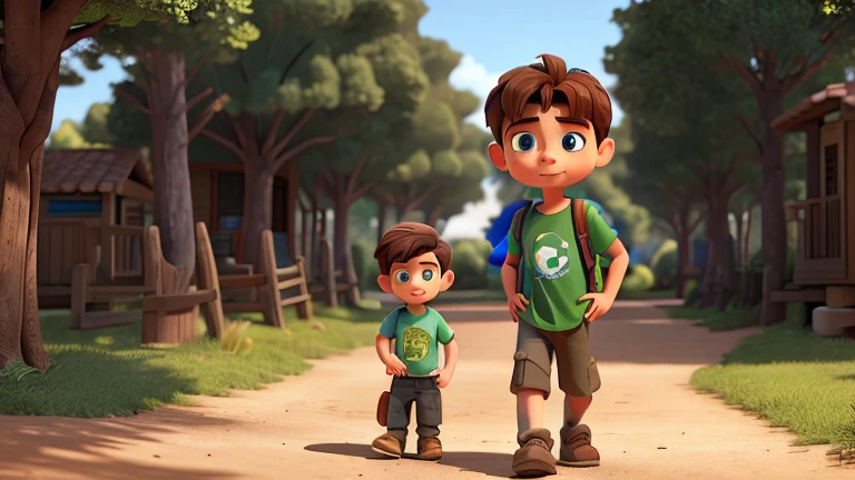 An 11 year old boy with short brown hair and curious blue eyes. He wears a green t-shirt and adventurer pants, a little dirty with dirt. Leo has a determined look on his face and carries a small backpack on his back, rendered in 3D Disney Pixar animation.