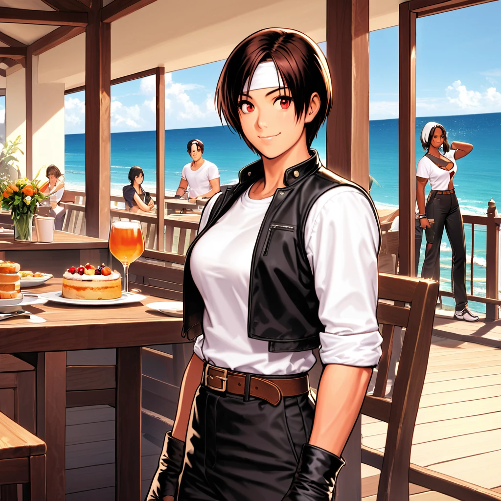 1,woman,short hair,Dark Skin,Red Eyes,(Black jacket with rolled up sleeves),Fingerless gloves,White T-shirt,(White headband on forehead),Black pants,White shoes,Brown belt,cute,Indoor person,Charming,Ocean View,rather large bust,Outdoor enthusiast,High quality,Handsome,A confident smile,Dining with friends on the terrace,They are talking happily.,Operating a smartphone