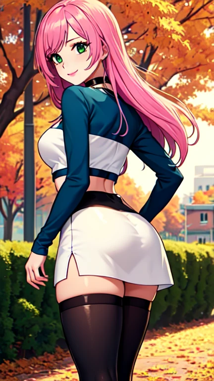 Masterpiece, raw, beautiful art, professional artist, 8k, art style by sciamano240, very detailed face, very detailed hair, 1 woman, perfectly drawn body, beautiful face, long hair, pink hair , very detailed green eyes , rosey cheeks, intricate details in eyes, playful smile, looking directly at viewer , in love with viewer expression, black chocker, lipstick, wearing cute fall clothes, tight long sleeve white crop top, short black pencil skirt, thigh boots, standing, sunny day fall setting, focus on feet, rear view,