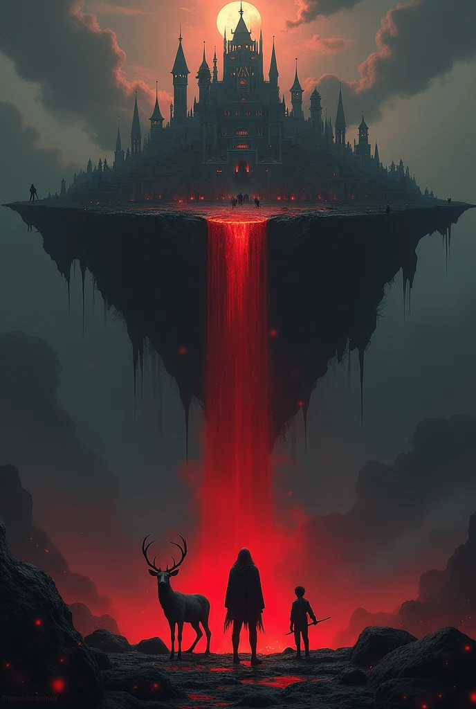 Black background with an island in the sky with a kingdom and a waterfall of blood and a person below and a boy with weapons and a humanoid deer spirit by his side