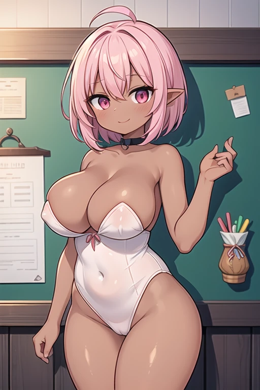 1 Cute naughty receptionist, (dark elf:1.2, dark skin:1.2), Pastel colors hair, (large breasts:1.2, Thighs:1.2, thick legs:1.2, curvy:1.2), (pink hair, short hair, flipped hair:1.2, tired hair, hair intakes), red eyes, (naked:1.2), standard height, (slant eyes, blush:1.2, evil smiling), at the adventurer's guild, A bulletin board with posted paper