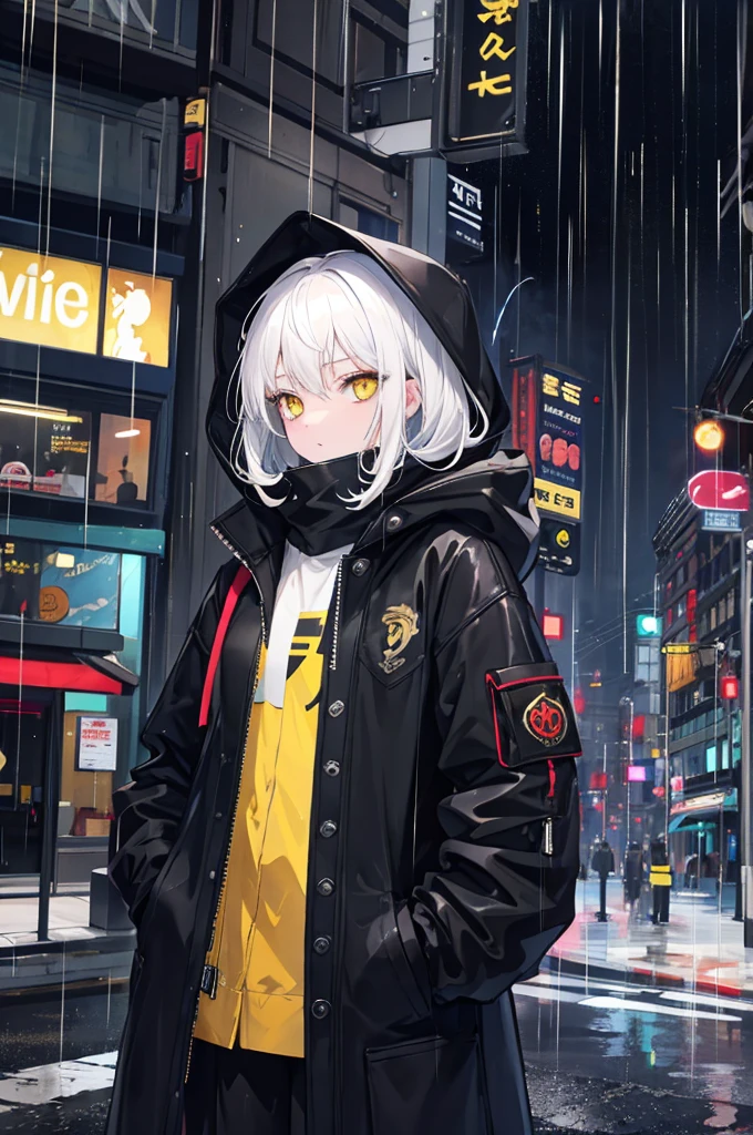 One Girl, City of night, rain, Black coat, Put your hands in your pockets, White Hair, Yellow Eyes, Put on the hood, Dark look
