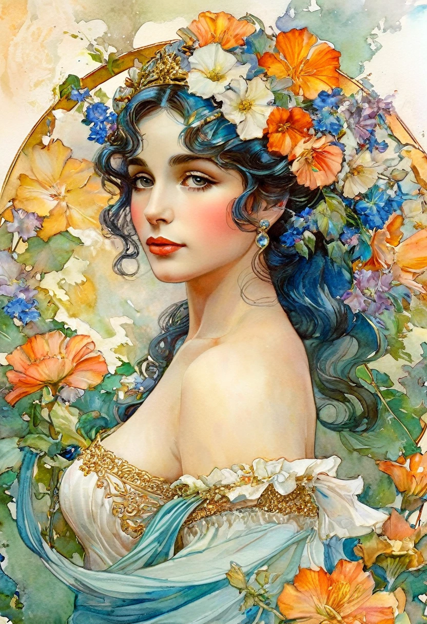 Depicts a beautiful woman with flowers in her hair, (Elizabeth Taylor: 1.4), Highly detailed watercolor painting, The style of Alfons Maria Mucha and Gustav Kirmut, details (((Art Nouveau))), Fairy Princess, Anthropomorphic woman, Female figure , Detailed cover art, Like the Goddess of Flowers, Alphonse Mucha, Gustav Klimt, Pale skin, Marble sculpture, society, Gothic art, Art Nouveau, Behance contest winner.