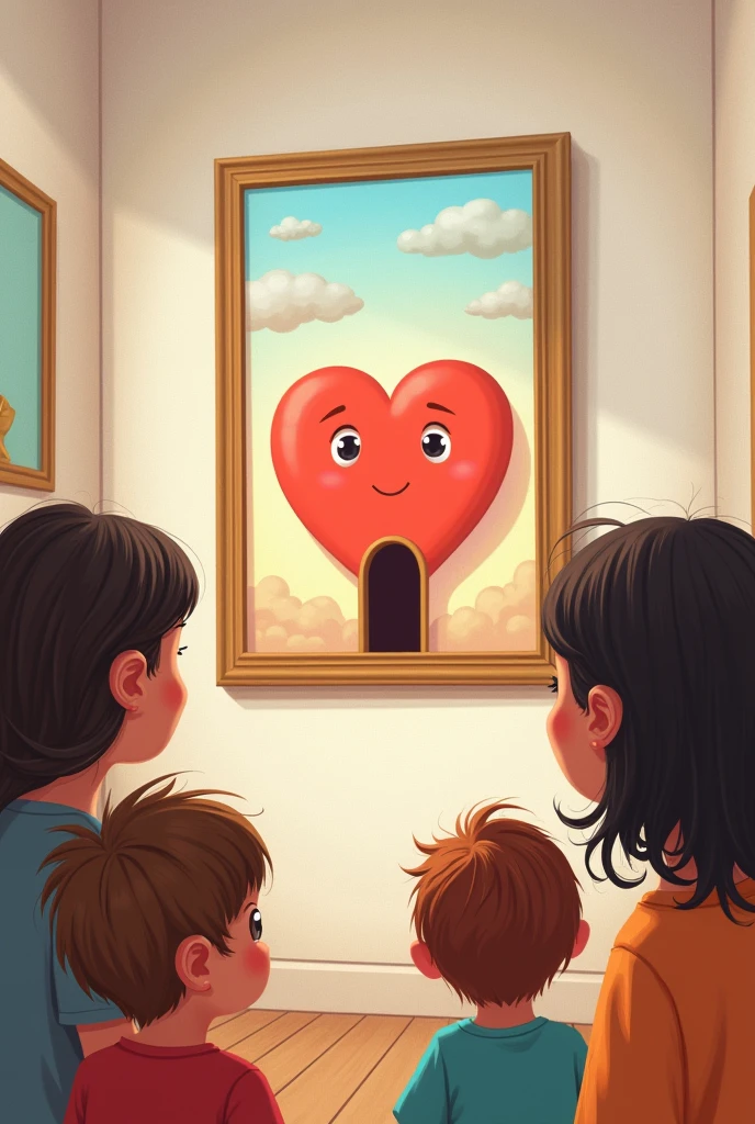 People looking at a painting of a heart a small door in it without any handle cartoon image