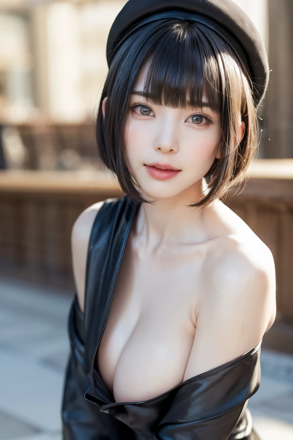 (masterpiece, Highest quality),One Girl, solo, Black-haired, scarf, hat, Realistic, Realistic, Looking at the audience, Light-coloured black eyes, Short brunette bob hair, Brown coat,, Lips, Bans, Plein Air, Upper body、Big eyes、Beautiful view of sparkling snow lassi))、(((Short bob hair with bangs:1.4、Shiny Hair、Bans:1.4、Big eyes、large full chest、Intensely accentuates the eyes、Staring at the audience、Beautiful beauty、Listen carefully、Long neck、Smile a little、smile、Ideal body proportions)))、{huge|big|hugeな|Mega} chest:2, chestの谷間:2
