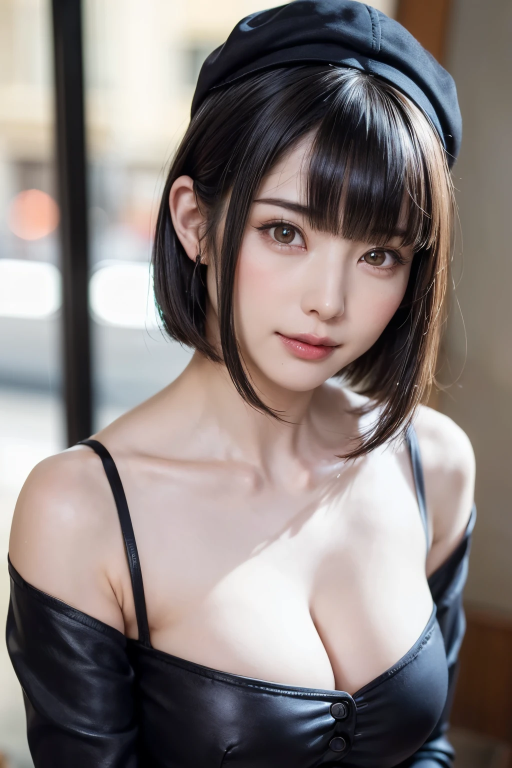 (masterpiece, Highest quality),One Girl, solo, Black-haired, scarf, hat, Realistic, Realistic, Looking at the audience, Light-coloured black eyes, Short brunette bob hair, Brown coat,, Lips, Bans, Plein Air, Upper body、Big eyes、Beautiful view of sparkling snow lassi))、(((Short bob hair with bangs:1.4、Shiny Hair、Bans:1.4、Big eyes、large full chest、Intensely accentuates the eyes、Staring at the audience、Beautiful beauty、Listen carefully、Long neck、Smile a little、smile、Ideal body proportions)))、{huge|big|hugeな|Mega} chest:2, chestの谷間:2