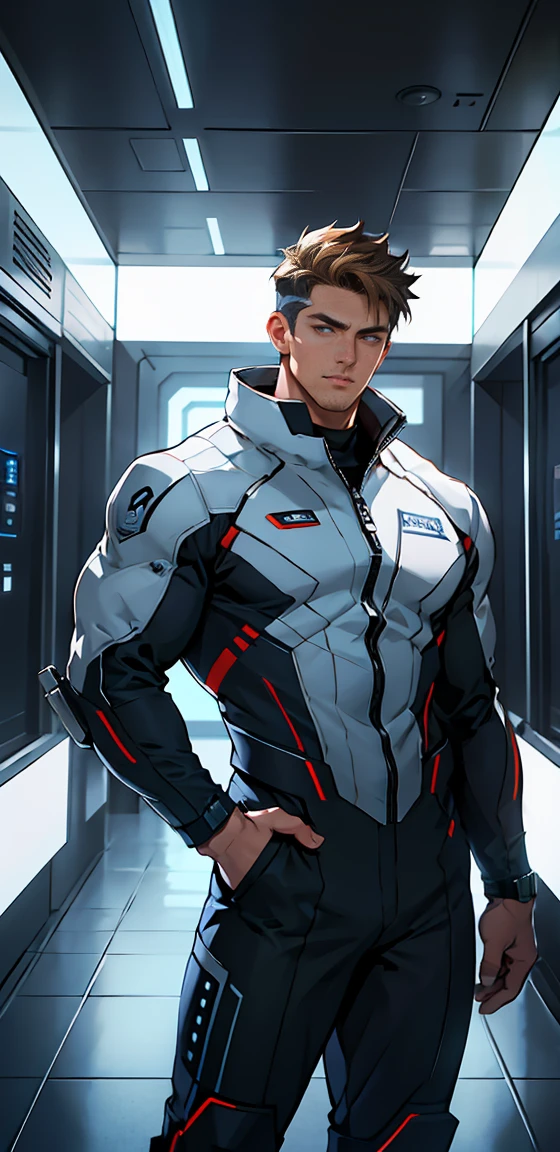 "A handsome, muscular man standing in the hallway of a futuristic spaceship. He is wearing tight, form-fitting work clothes that accentuate his large, well-defined muscles. The outfit includes a sleek, body-hugging space jumpsuit with reinforced sections, showing slight wear from heavy use. His strong, chiseled face is highlighted by a hint of stubble, and his expression is one of confidence and determination, as if he's just completed a tough task. The hallway around him is filled with advanced technology, illuminated panels, and metallic surfaces, giving a sense of the high-tech environment aboard the spacecraft."