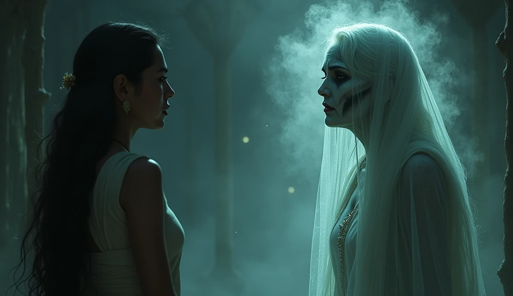Shravanthi facing the ghost of Leelavathi, who is filled with anger. Slowly, Leelavathi's expression changes to one of understanding and sadness as she begins to let go.
