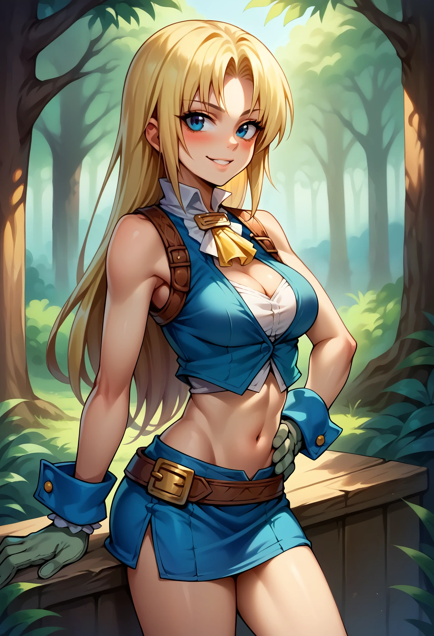 score_9, score_8_up, score_7_up, (female:1.5), 1girl solo, female focus, female body, skinny, zidane, blonde hair, long hair, blue eyes, monkey tail, parted bangs, gloves, blue skirt, short skirt, standing, midriff, cleavage, blushing, slight smile, looking on side, deep forest,