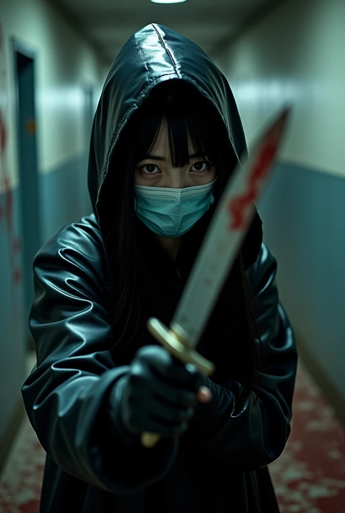 korean girl, (behind corpse, surgical mask), holding knife, stabbing, black gloves, tunnel full of blood, black raincoat, hood up, holding knife, black gloves, behind corpse, blood splatter, long bangs, underground, black wet suit, night, mass murderer, killer, robbery, dark atmosphere, cinematic lighting, atmospheric realistic, close-up,