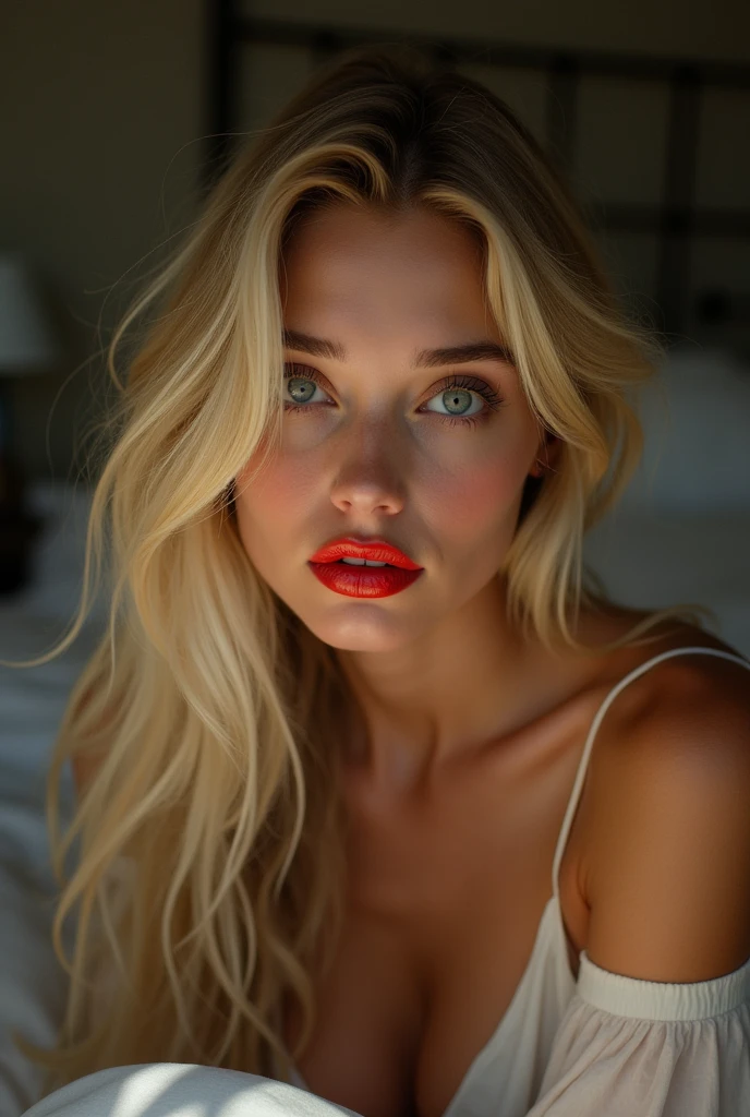 a beautiful girl with long blonde hair, detailed eyes, nose, and red painted lips, above his bed,naked (Best Quality,4k,8k,High resolution,masterpiece:1.2),ultra detailed,(realist,photorealist,photo-realist:1.37),HdR,studio lighting,extremely detailed face and body., portrait,cinematic lighting,dramatic lighting,warm color tones,dramatic colors