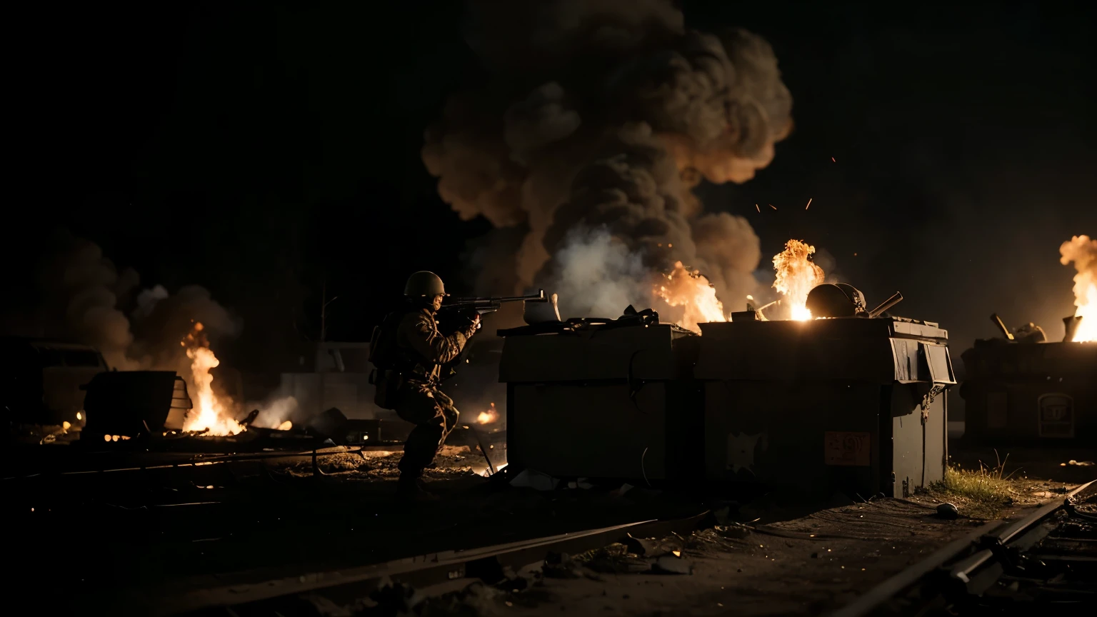 ww2, armed soldiers, shots passing, forst, bunker, fire, realistic lighting, exchange of fire
