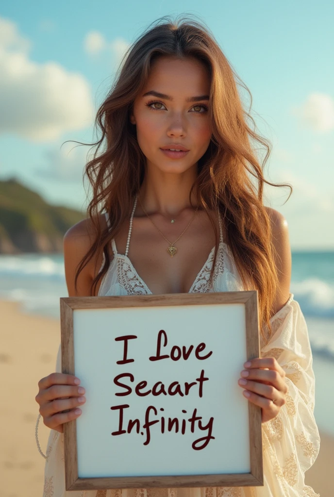 Beautiful girl with wavy long hair, bohemian dress, holding a white board with text "I Love Seaart Infinity" and showing it to the viewer