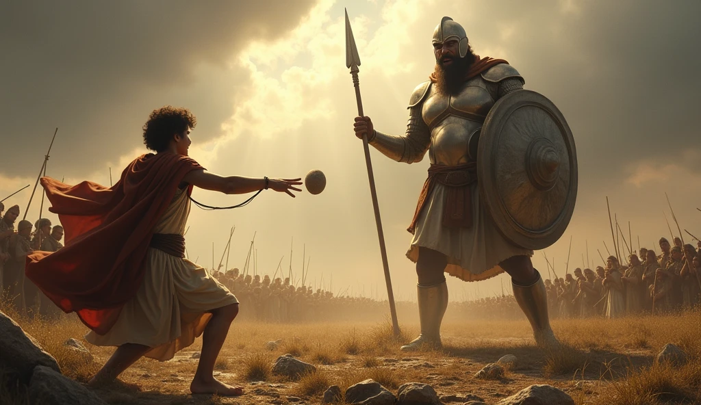 Imagine uma cena épica e intensa que captura o momento crucial da luta entre Davi e goliath. En el centro de la imagen, Davi, a young shepherd, is in a position of attack, throwing a stone with a rope. Your gaze is determined and full of courage, and he is dressed in simple shepherd&#39;s clothes, with a cloak that flutters lightly in the wind. Ao fundo, we can see a vast battlefield, with a crowd of Israelites and Philistines watching in anticipation.

In front of you, goliath, an imposing giant, rises like a mountain of strength. He is depicted in shining armor, holding a huge spear, that looks almost disproportionate in your hands. Your face is a mask of contempt, as he laughs disdainfully at his opponent. A expressão de Davi contrasta com a de goliath, showing not only the bravery of the young man, but also confidence in your faith.

Ao fundo, The sky is laden with dark clouds, creating an atmosphere of tension and drama, as rays of light illuminate the figure of David, symbolizing your inner strength. The surrounding terrain is rugged, with stones and grass, where the marks of the previous battle are still visible. This image should capture the essence of the struggle between good and evil., courage in the face of adversity, and the faith that can move mountains.