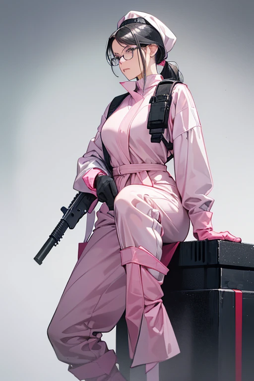 A mature woman with glasses and black hair tied up in a ponytail is wearing large pink rubber gloves, white rubber boots, a white cloth wrapped around her head, a blue long-sleeved jumpsuit, and a submachine gun. She has a sad look on her face.