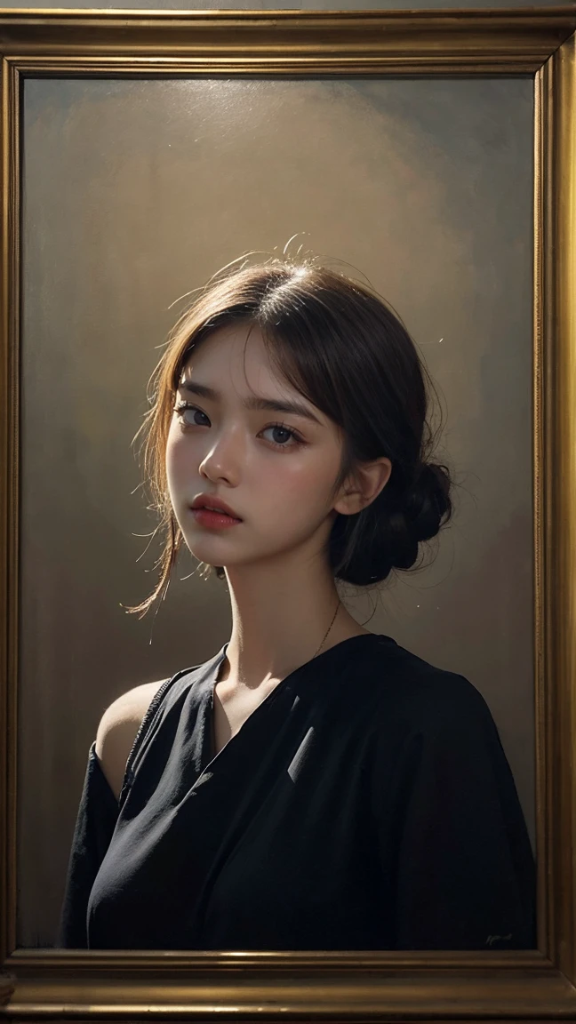 Realistic oil painting of a woman, Inspired by the work of Russian artist Ilya Repin, Intricate details and the use of light and shadow to create depth and emotion., Long-range photography with a blurred background to draw attention to the subject., Traditional techniques used in a modern style