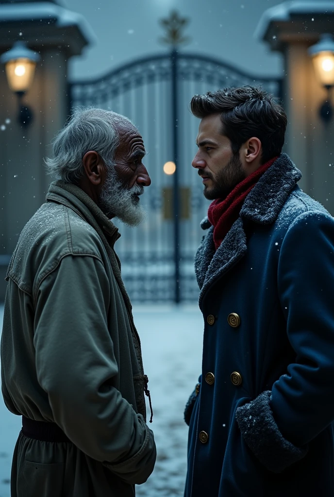2 persons facing each other, An extremely poor 70-year-old man with black oil marks on his dirty face and unmaintained beard, hair and nails are very dirty wearing a torn plain single grey shirt that barely covers his body, A 21-year-old young rich man with a small beard and big mustache wearing a very lush bluish pent coat and a red muffler, standing near a grand mansion gate. The night is dark and cold, with heavy snowfall covering the ground