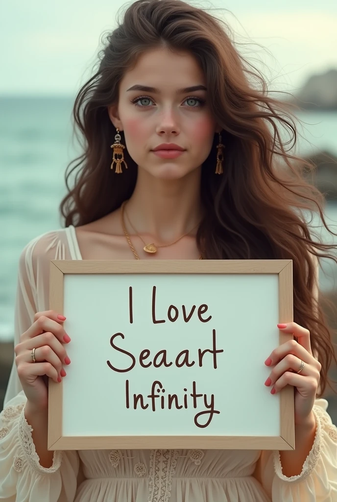 Beautiful girl with wavy long hair, bohemian dress, holding a white board with text "I Love Seaart Infinity" and showing it to the viewer