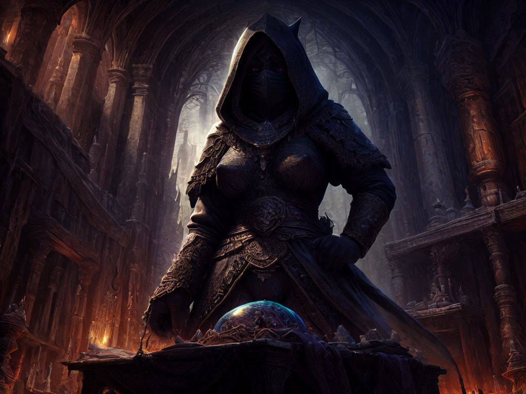 high details, best quality, 8k, [ultra detailed], masterpiece, best quality, (extremely detailed), dynamic angle, ultra wide shot, photorealistic, RAW, fantasy art, dnd art, fantasy art, realistic art, a wide angle view wallpaper of a wizard (intense details, Masterpiece, best quality: 1.5) looking into her [[cell phone]] (intense details, Masterpiece, best quality: 1.5), blue magical energy from the cell phone, V0id3nergy, (intense details, Masterpiece, best quality: 1.5) there is a crystal ball on the table, feline female wizard, fantasy wizard (intense details, Masterpiece, best quality: 1.5), D&D wizard, mature feline female, (intense details, Masterpiece, best quality: 1.5), [[anatomically correct]], dynamic hair, big breasts, barely covered nipples, dynamic eyes, wearing magical robe, ((lover half of face covered)), only eyes visible, (intense details, Masterpiece, best quality: 1.5), dynamic colors, ultra detailed face (intense details, Masterpiece, best quality: 1.5), room in darkest dungeon depths, (intense details, Masterpiece, best quality: 1.5), many magical vials, ultra wide angle from a medium distance, (((dark background, dark place, weak light))), (((darkness))), shaved pussy, standing