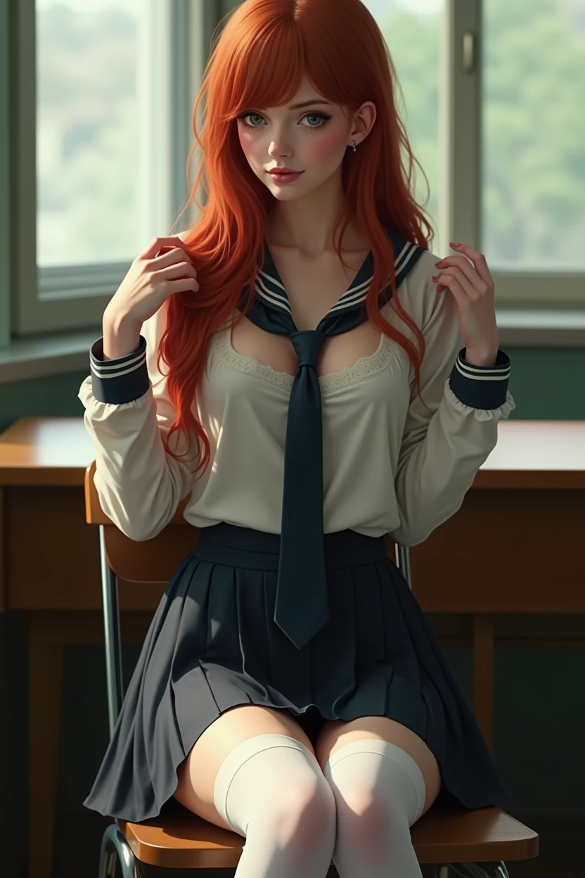 ultra realistic, fot, long redhead hair,  Irish, 24 years old, hourglass figure, perfectbody, breasts small, seducing gaze, blur the background, wearing a schoolgirl outfit (open blouse with neckline, overskirt, white opaque thigh highs, a tie), sitting in classroom, sitting in a chair behind his desk, looking seductively, playing with a lock of hair, she has her legs crossed, 