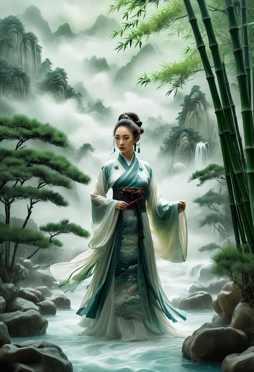 entry screen, close up shot of A woman in Hanfu stands among the bamboo groves, an epic fantasy scene with dark clouds in the sky and smoke effects, in the style of a Chinese ink painting depicting the martial arts world with cloud mist effects, like movie footage. background Miniature Landscape, Milk white transparent water, Brand design, Artistic decoration, Chinese Landscape Resin Work Table, Chinese Song Dynasty Landscape Painting,--ar 2:3 --quality 2 --style raw --sref 3345888893 --personalize --sw 700 --stylize 1000 --v 6.1